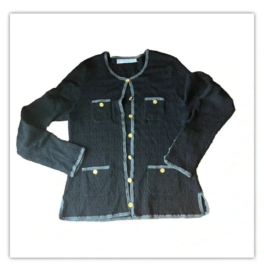 TRINA TURK Vermouth Wool 4 Pocket Crochet Trim Black Cardigan Sweater Size‎ M